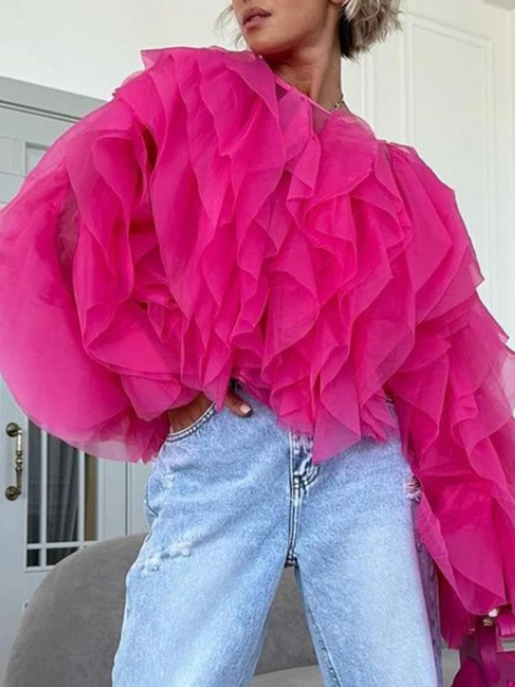 CHICEVER Elegant Shirts For Women O Neck Lantern Long Sleeve Asymmetrical Patchwork Ruffles Mesh Plus Size Blouses Female 2022 - Snug & Style