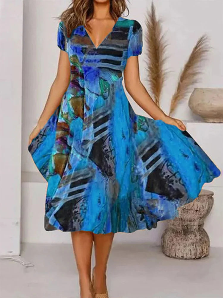 Plus Size 2024 Summer New Women's V-neck Short Sleeve Irregular Pattern Printed Casual Loose Summer Best Choice - Snug & Style