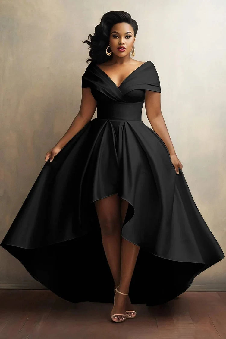 Elegant Party Club Evening Dress for Women Irregular Hem Pleated A-Line Solid Sexy V-Neck High Waist Plus Size Long Dresses - Snug & Style