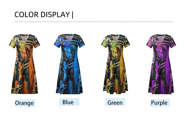 Plus Size 2024 Summer New Women's V-neck Short Sleeve Irregular Pattern Printed Casual Loose Summer Best Choice - Snug & Style