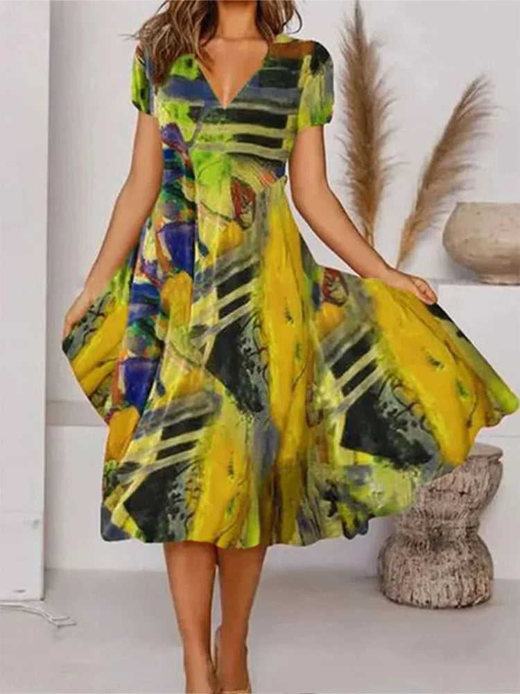 Plus Size 2024 Summer New Women's V-neck Short Sleeve Irregular Pattern Printed Casual Loose Summer Best Choice - Snug & Style