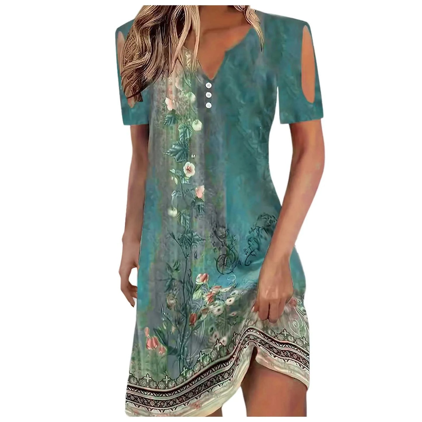 Dresses For Women Summer Casual Plus Size Women Fashion Printed V Neck Cut Out Sleeve Short Sleeved Casual Button платье женское - Snug & Style