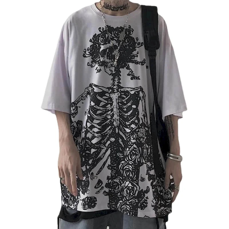 Men T-shirts 2023 Summer Streetwear High Street Gothic Skull Tshirt Loose Oversized Short-sleeved T shirt Dark Anime Men Y2k Top - Snug & Style
