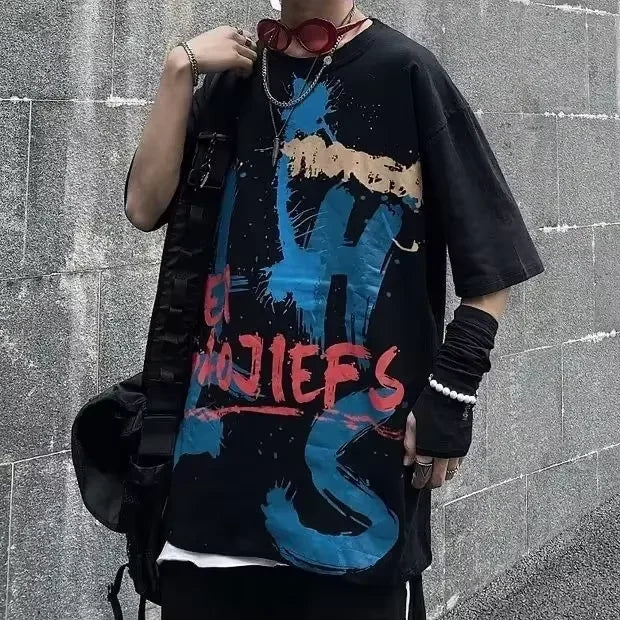 Men T-shirts 2023 Summer Streetwear High Street Gothic Skull Tshirt Loose Oversized Short-sleeved T shirt Dark Anime Men Y2k Top - Snug & Style