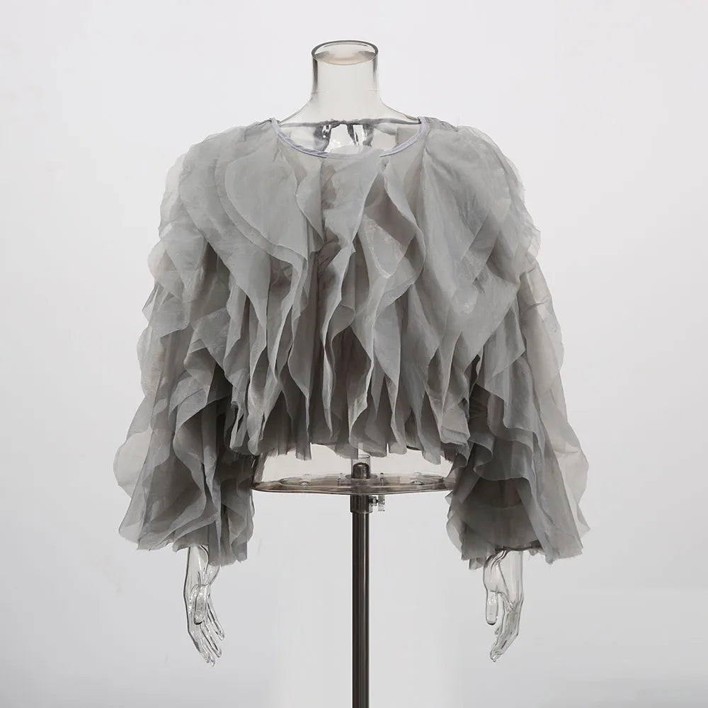 CHICEVER Elegant Shirts For Women O Neck Lantern Long Sleeve Asymmetrical Patchwork Ruffles Mesh Plus Size Blouses Female 2022 - Snug & Style