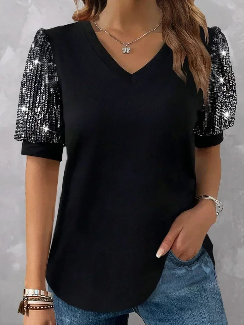 Plus Size 1XL-5XL Women's Color Blocking Sequin T-shirt Summer Lantern Sleeve V-neck Casual Top - Snug & Style