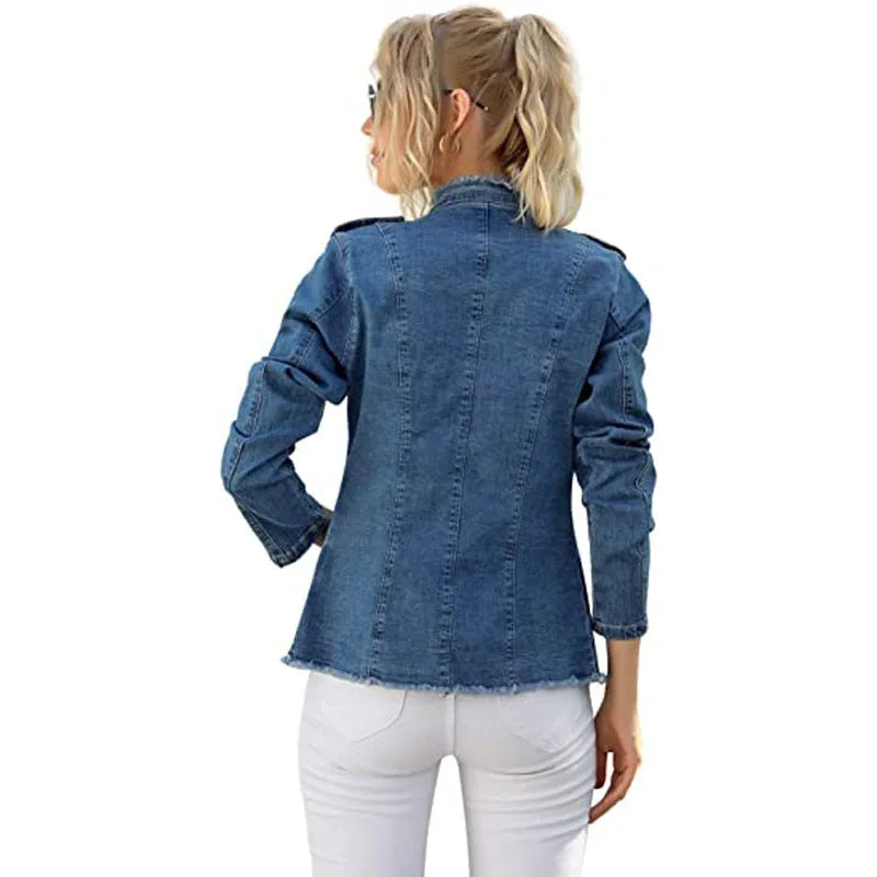 Jeans Casual Jackets Ladies 2024 Tassel Single Breasted Slim Denim Coat Vintage Blue Washed Long Sleeve Plus Size Women Jackets - Snug & Style