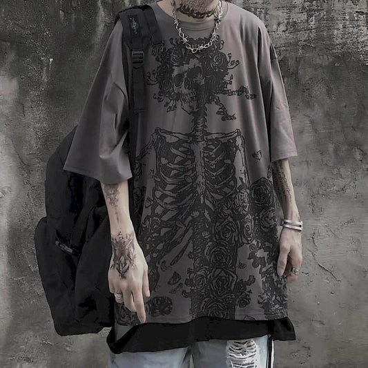 Men T-shirts 2023 Summer Streetwear High Street Gothic Skull Tshirt Loose Oversized Short-sleeved T shirt Dark Anime Men Y2k Top - Snug & Style