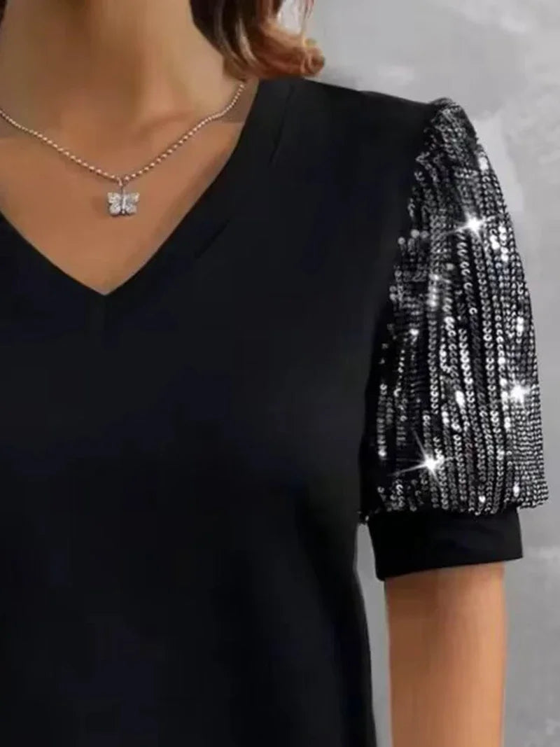 Plus Size 1XL-5XL Women's Color Blocking Sequin T-shirt Summer Lantern Sleeve V-neck Casual Top - Snug & Style