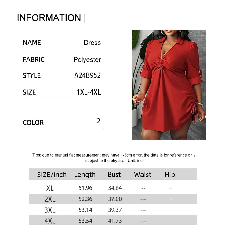 Plus Size Women's Elegant Long Sleeve Shirt Dress for Work, Party and Dating Twisted Front Waist Drawstring, Spring and Autumn - Snug & Style