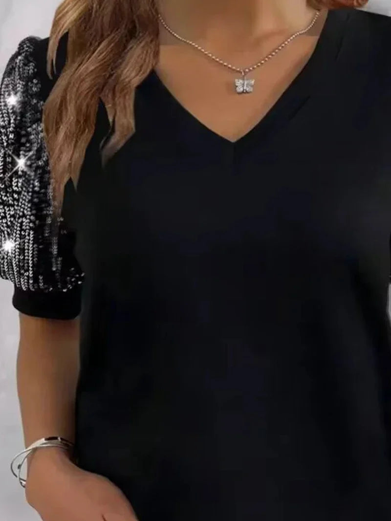 Plus Size 1XL-5XL Women's Color Blocking Sequin T-shirt Summer Lantern Sleeve V-neck Casual Top - Snug & Style