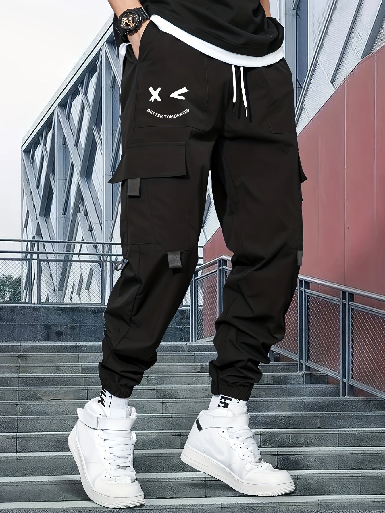 Mens Fashion-Forward Solid Cargo Pants - Abundant Flap Pockets, Loose Fit Drawstring Trousers - Durable Outdoor Work to Streetwear Hip Hop Style - Snug & Style