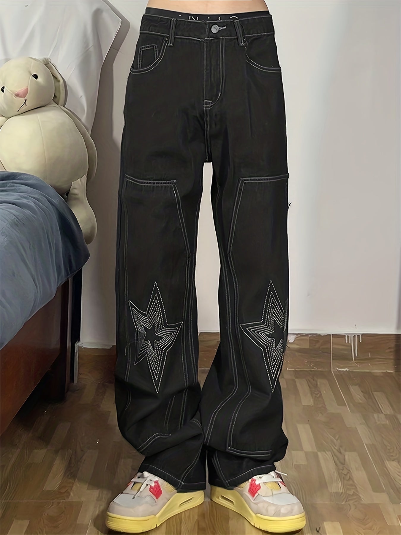 Y2k Letter Print Wide Leg Loose Fit Jeans, Men's Casual Slightly Stretch Street Style Multi Pocket Baggy Denim Pants For Spring Summer - Snug & Style