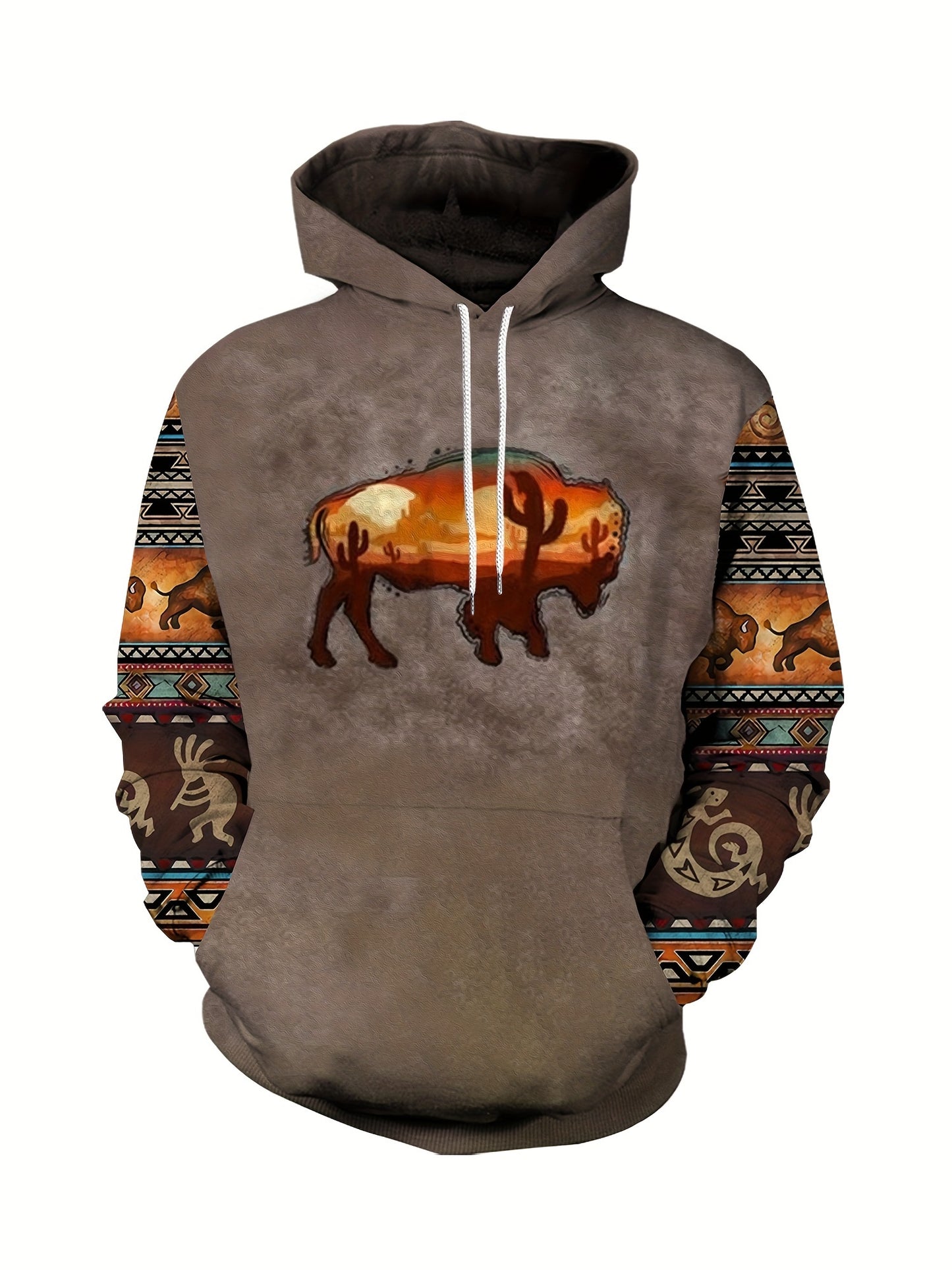 Plus Size Mens Fashion Hoodie with Bold Ethnic Prints & Intricate Bull Skull Design - Warm, Stylish Sweatshirt for Fall Winter - Comfortable Mens Apparel - Snug & Style