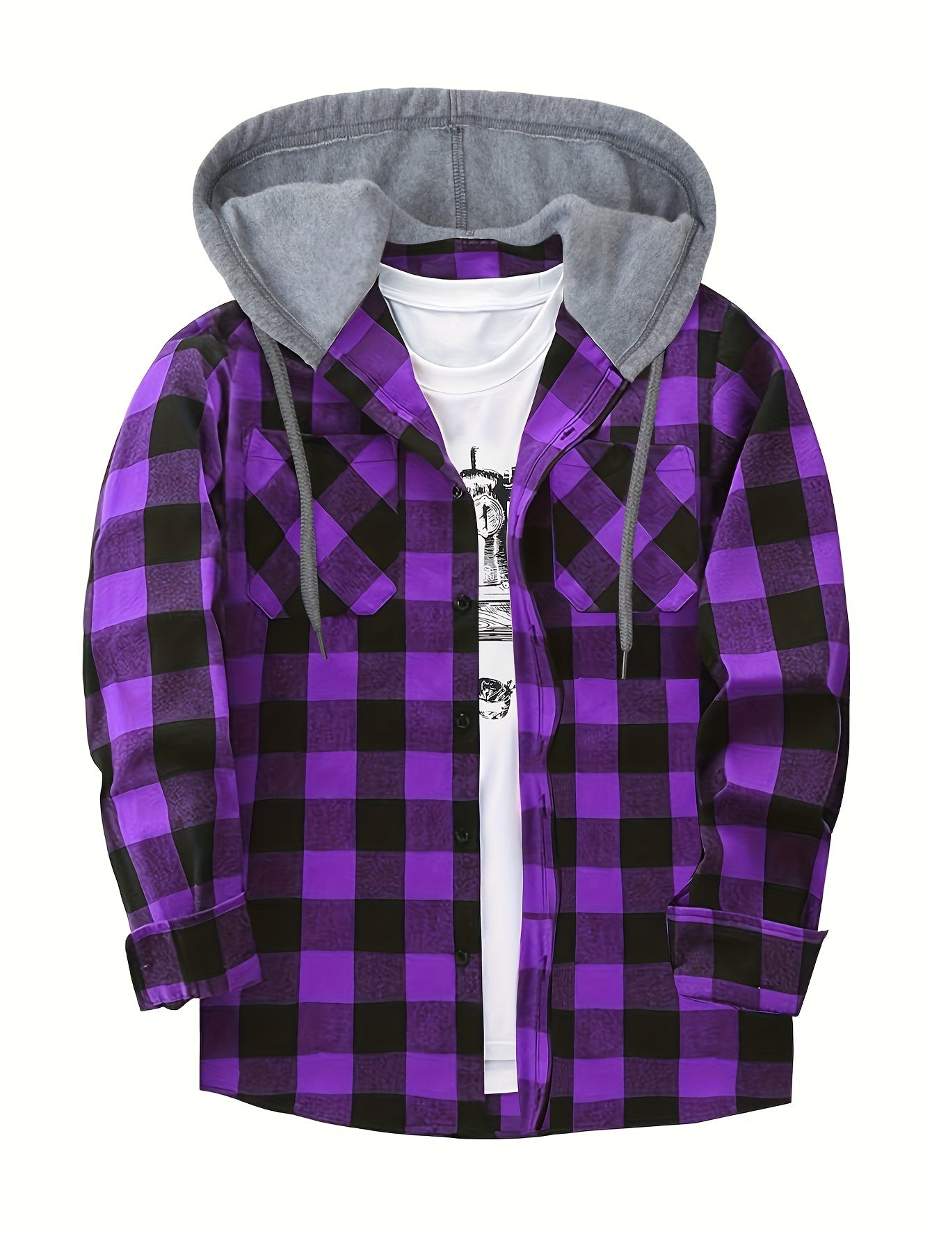 Long Sleeve Casual Regular Fit Button Up Hooded Shirts Jacket, Plaid Shirt Coat For Men - Snug & Style