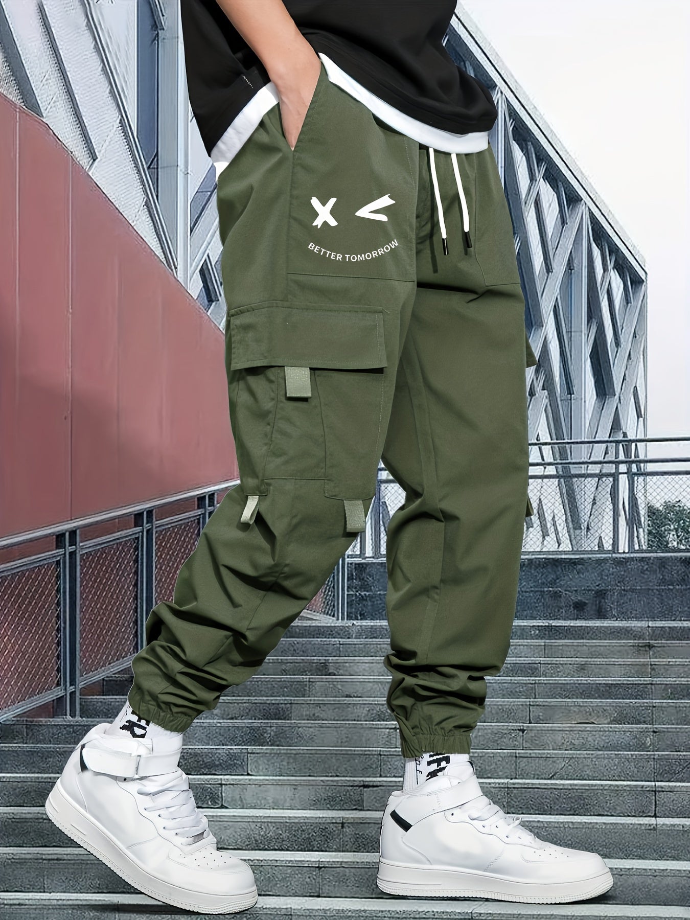 Mens Fashion-Forward Solid Cargo Pants - Abundant Flap Pockets, Loose Fit Drawstring Trousers - Durable Outdoor Work to Streetwear Hip Hop Style - Snug & Style