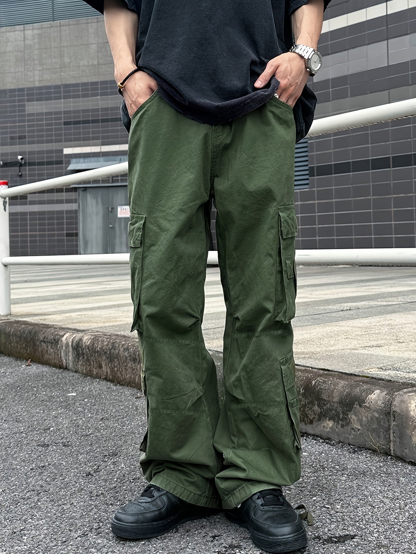 Cotton Solid Multi Flap Pockets Men's Straight Leg Cargo Baggy Pants, Loose Casual Outdoor Pants, Men's Work Pants For Hiking Fishing Angling - Snug & Style