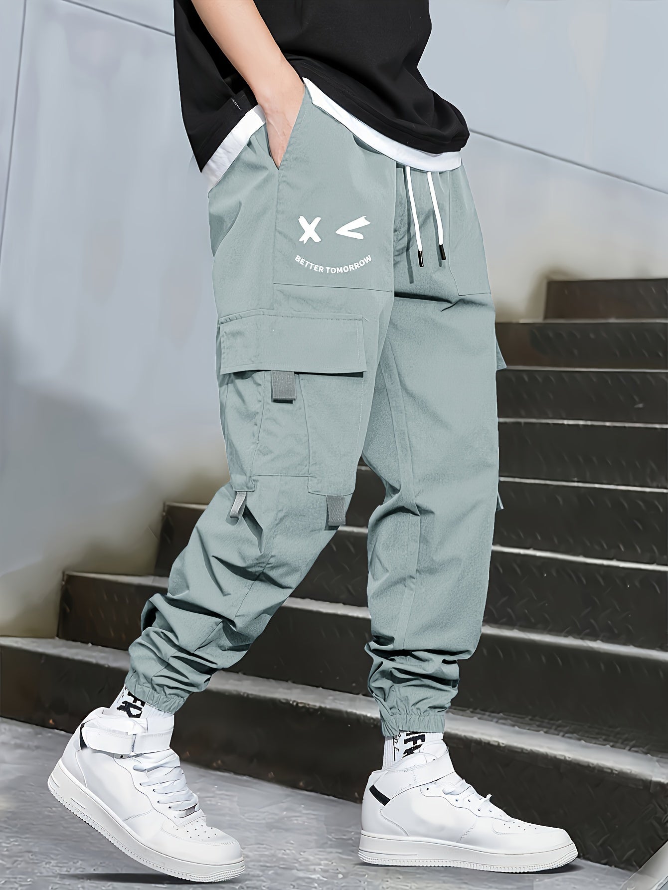 Mens Fashion-Forward Solid Cargo Pants - Abundant Flap Pockets, Loose Fit Drawstring Trousers - Durable Outdoor Work to Streetwear Hip Hop Style - Snug & Style