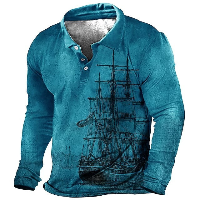 Plus Size Mens Fashion 3D Sailboat Print Lapel Shirt - Oversized Long Sleeve Golf Inspired - Premium Comfort for Spring/Autumn Wear - Trendy Casual Clothing for Males - Snug & Style
