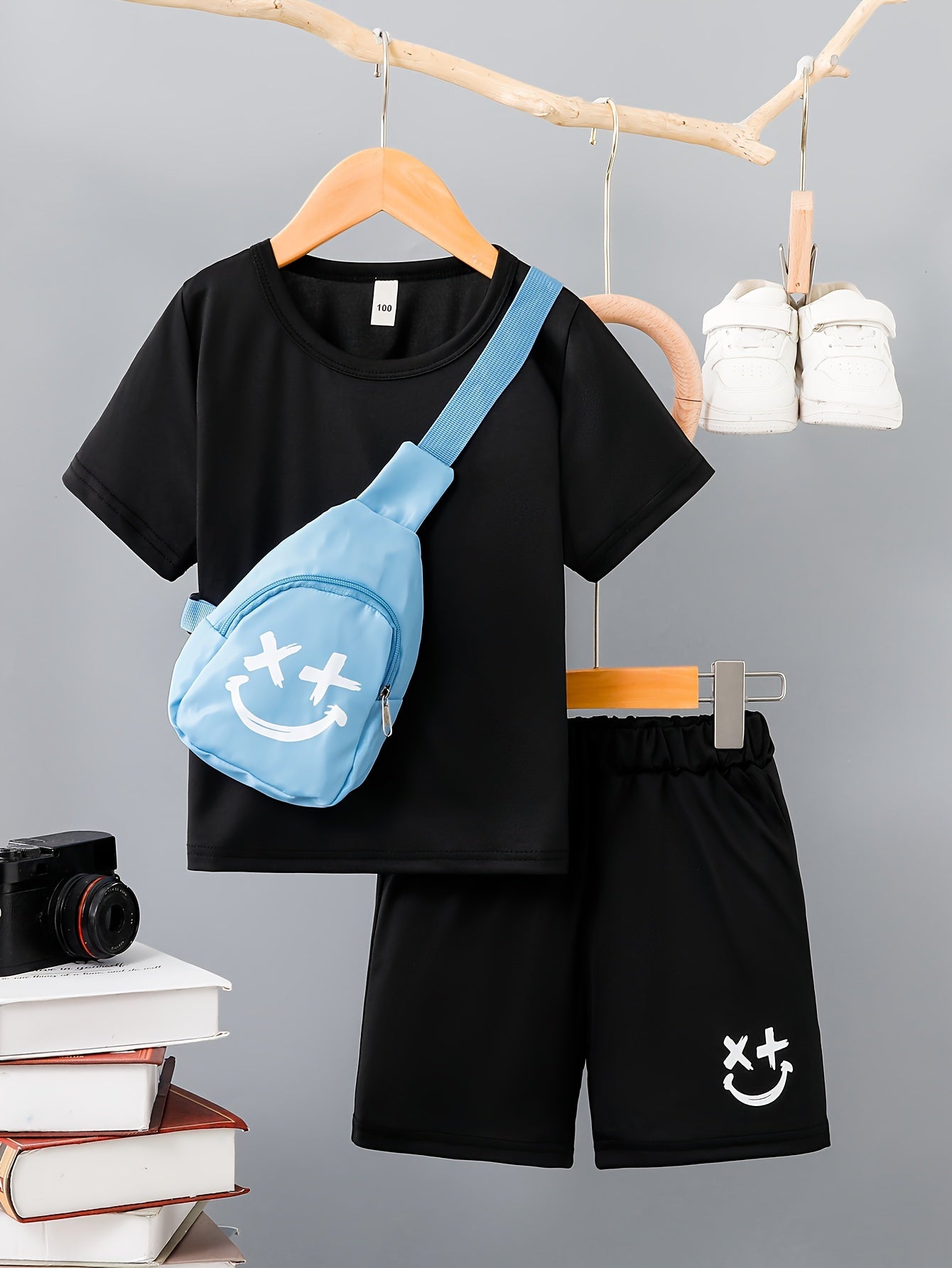 3-Pack Boys Trendy Summer Outfit - Soft Cotton Blend Solid T-shirts with Fun Smile Face Shorts & Handy Crossbody Bag - Comfortable, Lightweight, Perfect for Playtime - Snug & Style