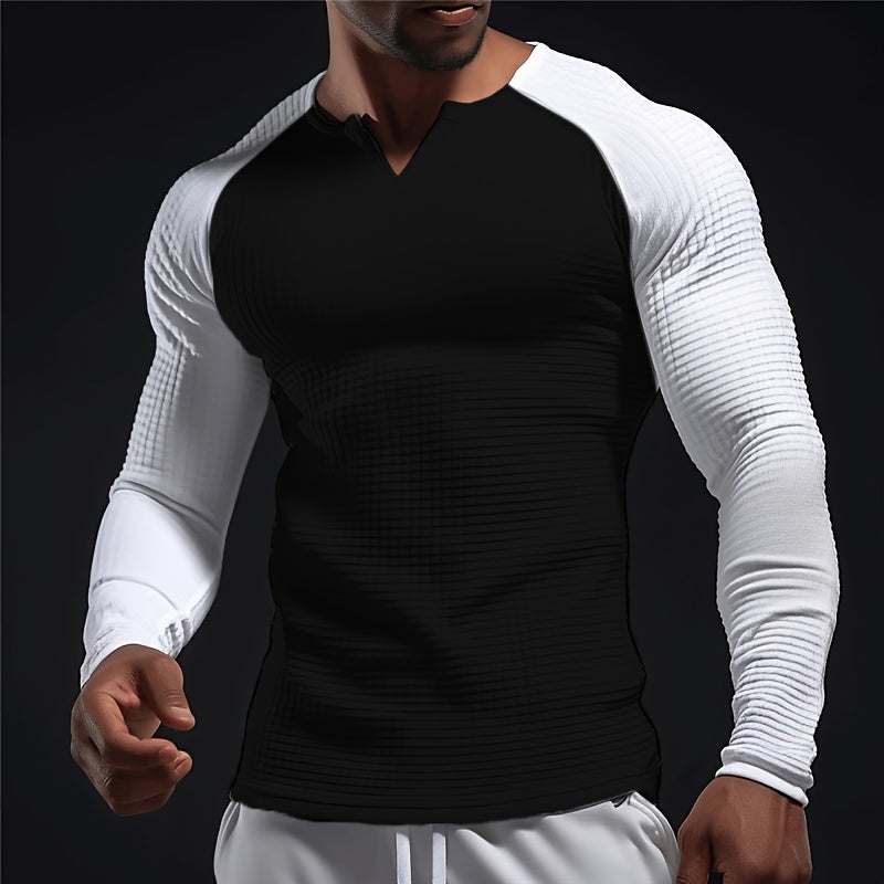 Mens Color Block V-Neck T-Shirt - Long Sleeve Active Wear for All Seasons - Stylish, Comfortable, and Breathable Casual Shirts - Perfect for Spring, Summer, and Autumn - Mens Fashion Tops - Snug & Style