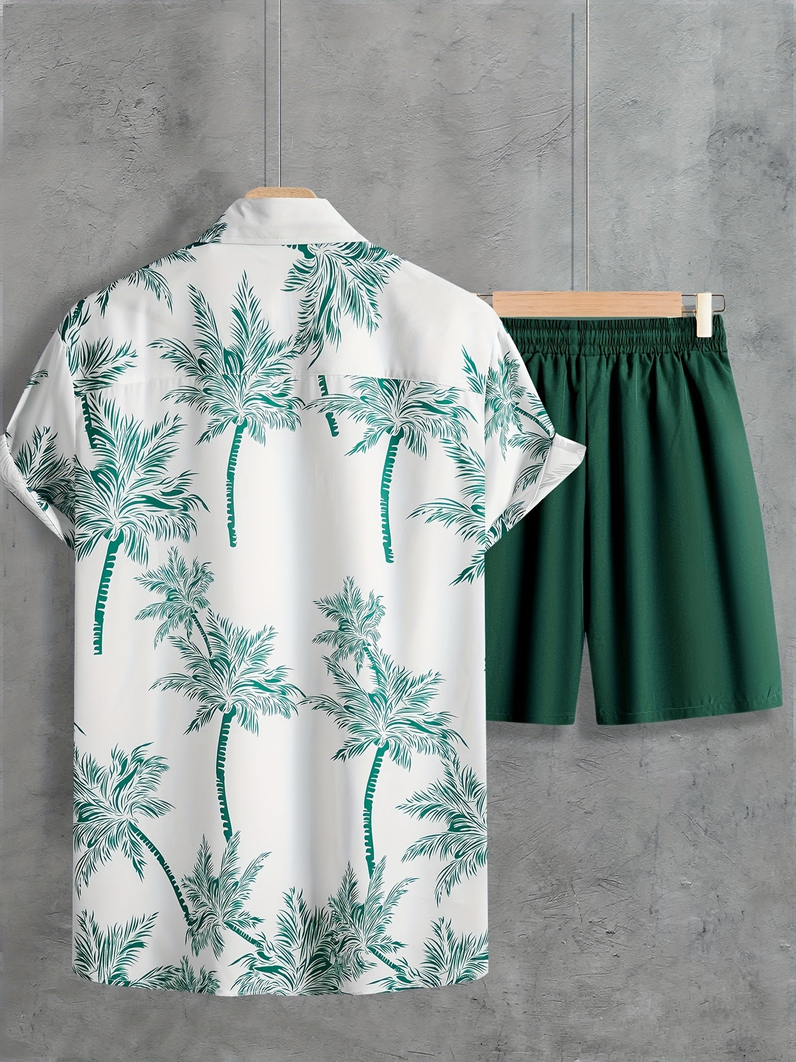 Coconut Tree Print, Men's 2Pcs Outfits, Casual Camp Collar Lapel Button Up Short Sleeve Shirts Hawaii Shirt And Drawstring Shorts Set For Summer, Men's Clothing - Snug & Style