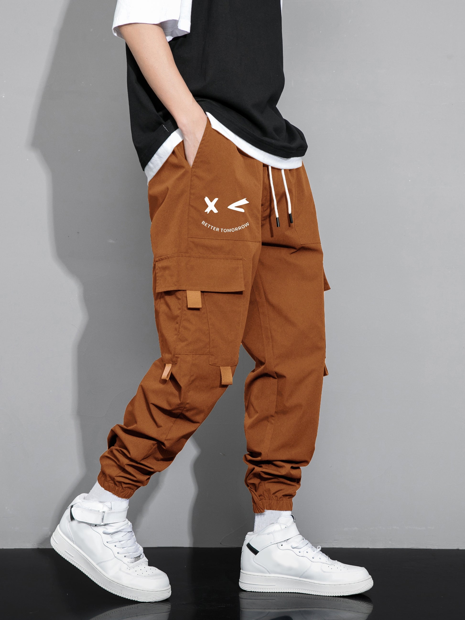 Mens Fashion-Forward Solid Cargo Pants - Abundant Flap Pockets, Loose Fit Drawstring Trousers - Durable Outdoor Work to Streetwear Hip Hop Style - Snug & Style