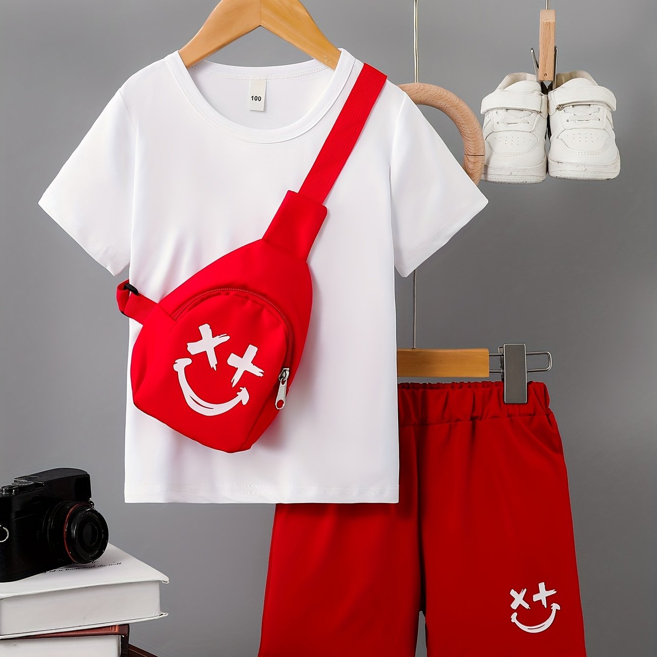 3-Pack Boys Trendy Summer Outfit - Soft Cotton Blend Solid T-shirts with Fun Smile Face Shorts & Handy Crossbody Bag - Comfortable, Lightweight, Perfect for Playtime - Snug & Style