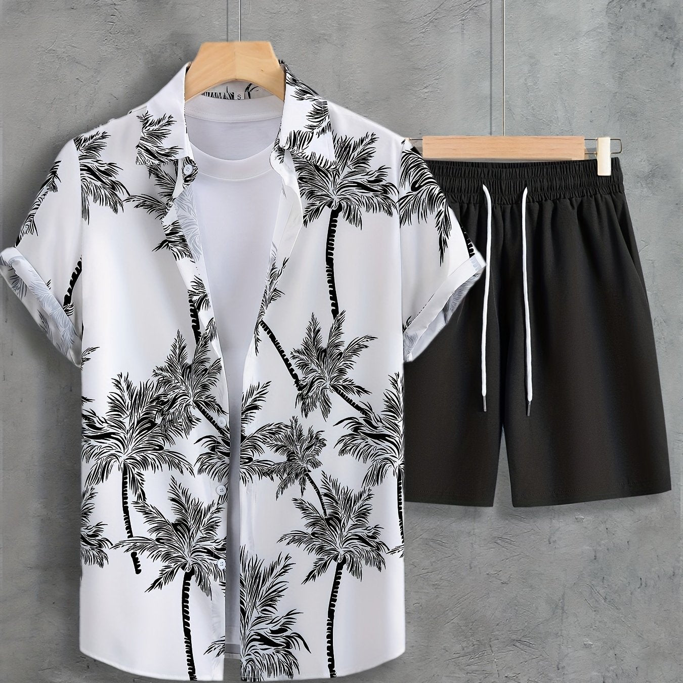 Coconut Tree Print, Men's 2Pcs Outfits, Casual Camp Collar Lapel Button Up Short Sleeve Shirts Hawaii Shirt And Drawstring Shorts Set For Summer, Men's Clothing - Snug & Style