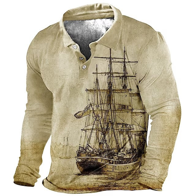 Plus Size Mens Fashion 3D Sailboat Print Lapel Shirt - Oversized Long Sleeve Golf Inspired - Premium Comfort for Spring/Autumn Wear - Trendy Casual Clothing for Males - Snug & Style