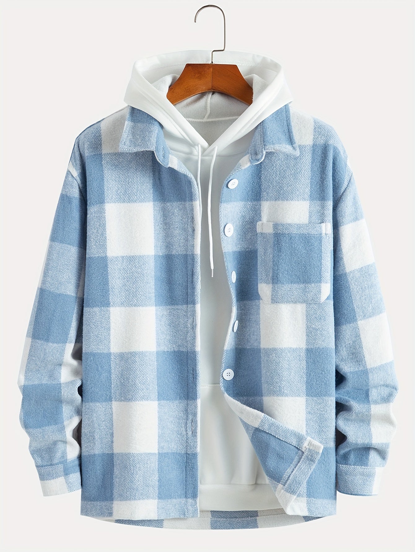 Mens Fashion-Forward Checkered Fleece Jacket - Cozy, Casual & Convenient with Pockets, Long Sleeve Button-Up Design for Outdoor Exploration - Snug & Style