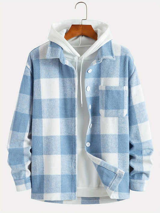 Mens Fashion-Forward Checkered Fleece Jacket - Cozy, Casual & Convenient with Pockets, Long Sleeve Button-Up Design for Outdoor Exploration - Snug & Style