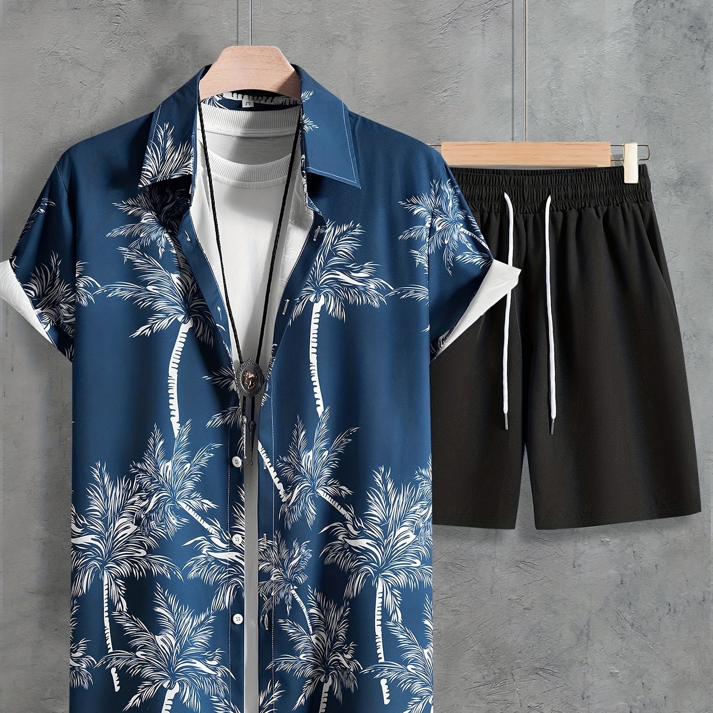 Coconut Tree Print, Men's 2Pcs Outfits, Casual Camp Collar Lapel Button Up Short Sleeve Shirts Hawaii Shirt And Drawstring Shorts Set For Summer, Men's Clothing - Snug & Style