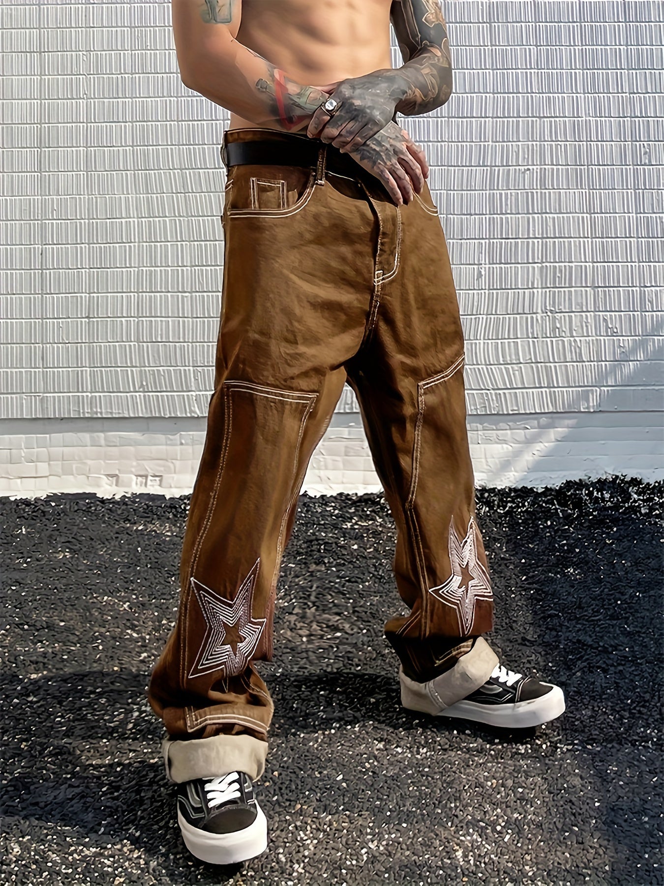 Y2k Letter Print Wide Leg Loose Fit Jeans, Men's Casual Slightly Stretch Street Style Multi Pocket Baggy Denim Pants For Spring Summer - Snug & Style