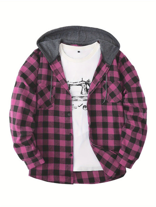 Long Sleeve Casual Regular Fit Button Up Hooded Shirts Jacket, Plaid Shirt Coat For Men - Snug & Style