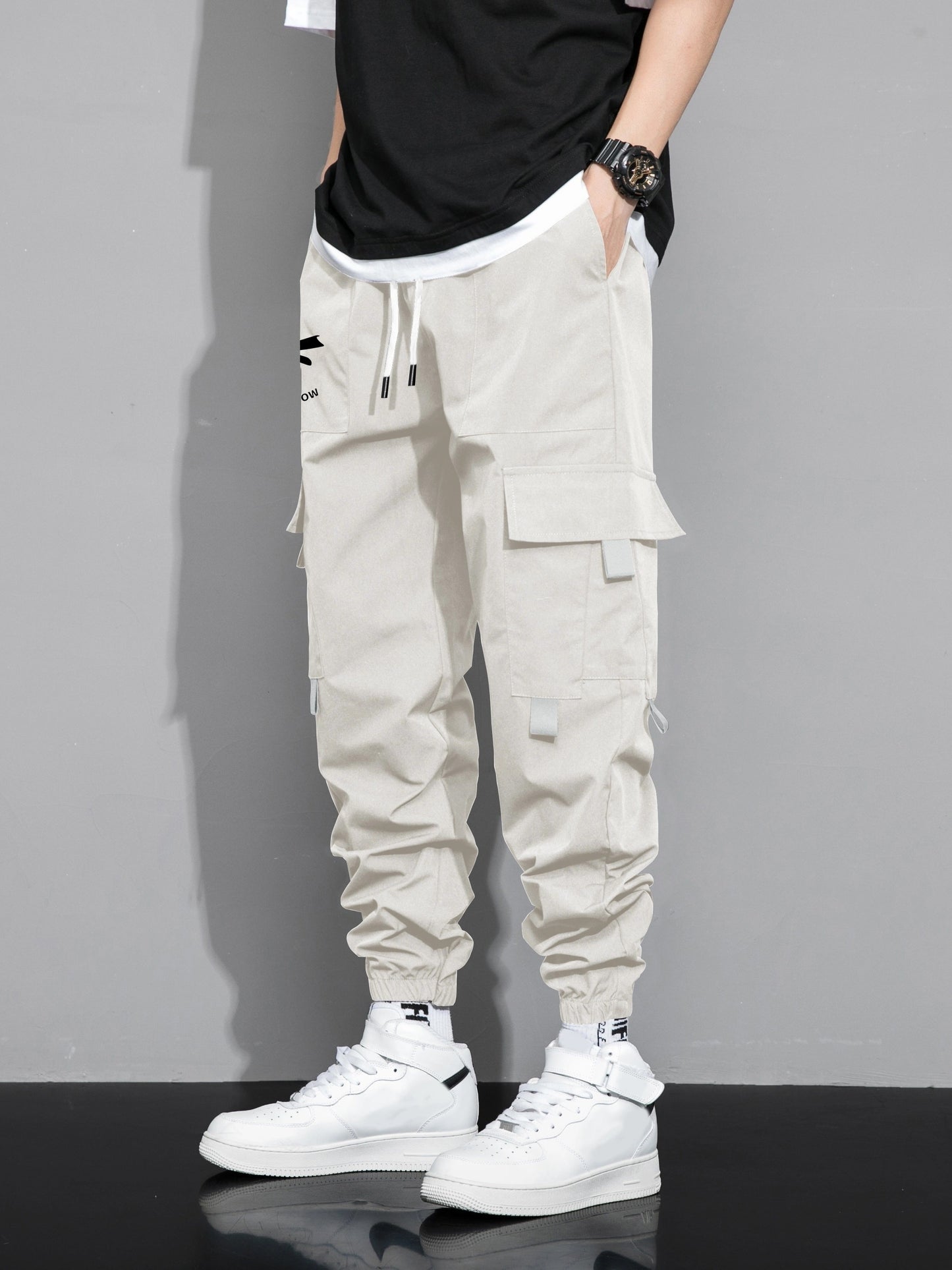 Mens Fashion-Forward Solid Cargo Pants - Abundant Flap Pockets, Loose Fit Drawstring Trousers - Durable Outdoor Work to Streetwear Hip Hop Style - Snug & Style