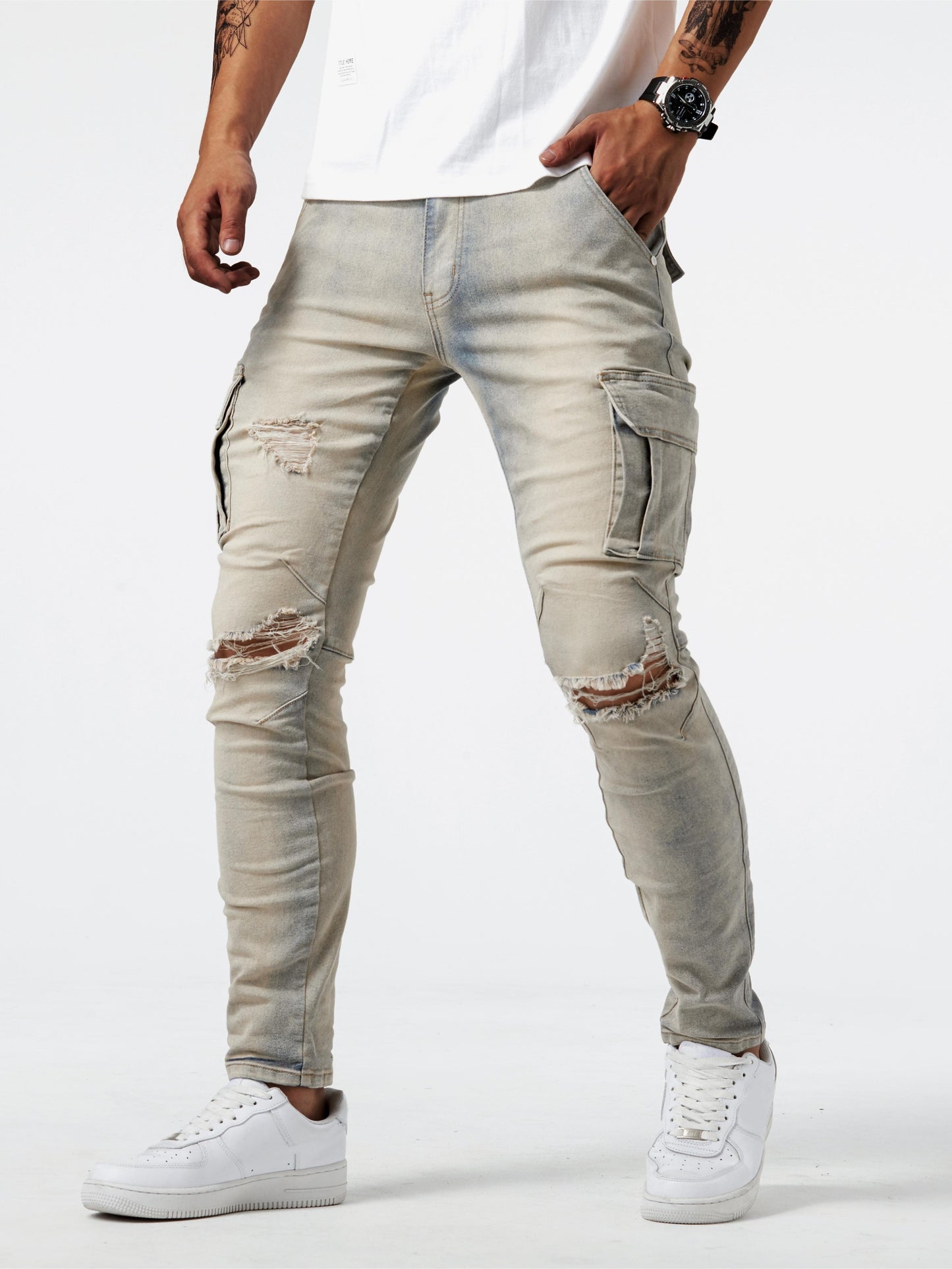 Slim Fit Cargo Jeans, Men's Casual Street Style Multi Pocket High Stretch Denim Pants For Spring Summer - Snug & Style
