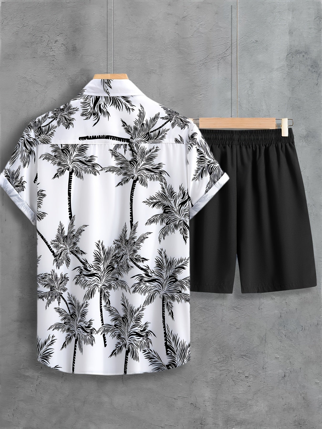 Coconut Tree Print, Men's 2Pcs Outfits, Casual Camp Collar Lapel Button Up Short Sleeve Shirts Hawaii Shirt And Drawstring Shorts Set For Summer, Men's Clothing - Snug & Style