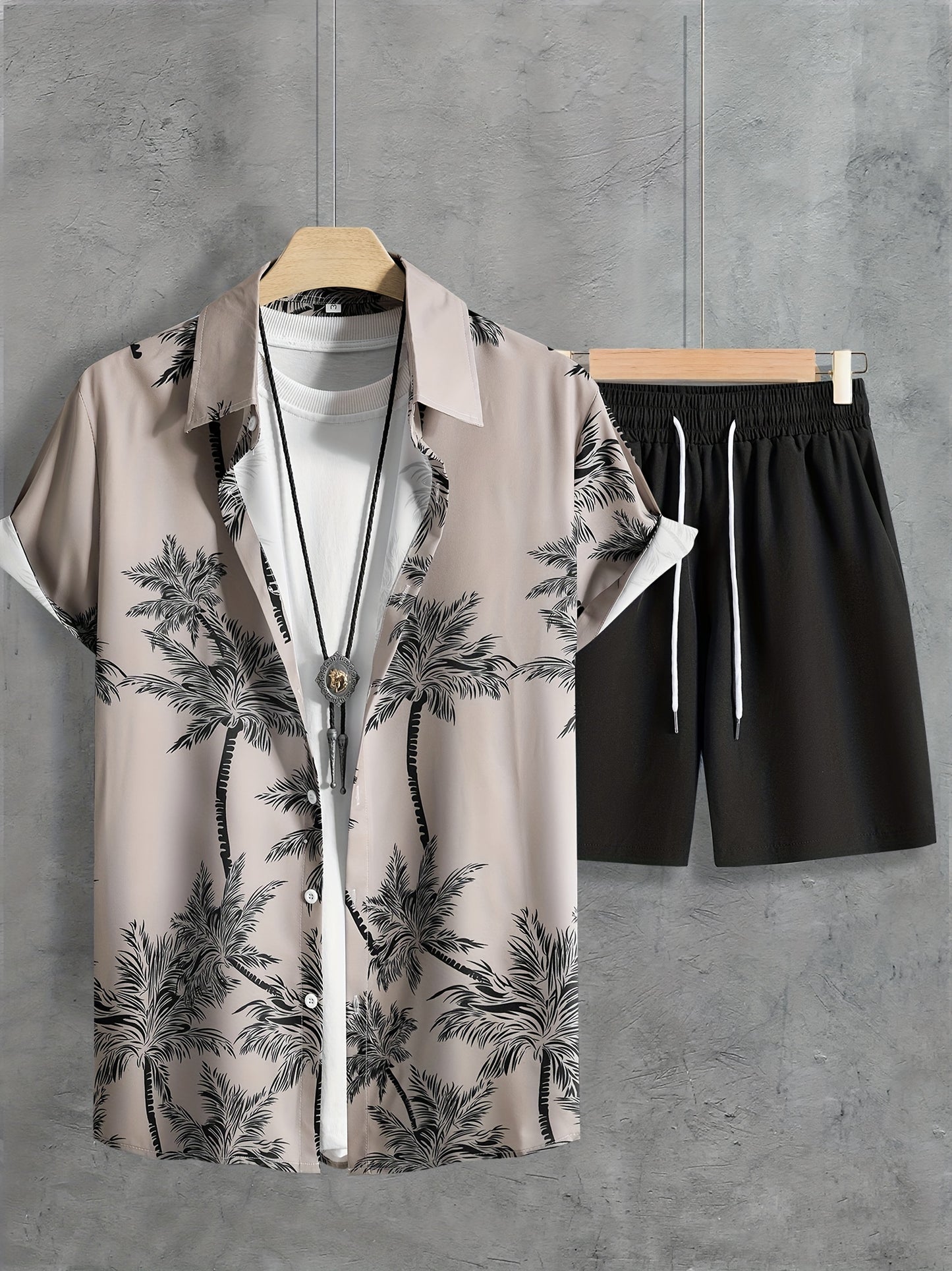 Coconut Tree Print, Men's 2Pcs Outfits, Casual Camp Collar Lapel Button Up Short Sleeve Shirts Hawaii Shirt And Drawstring Shorts Set For Summer, Men's Clothing - Snug & Style