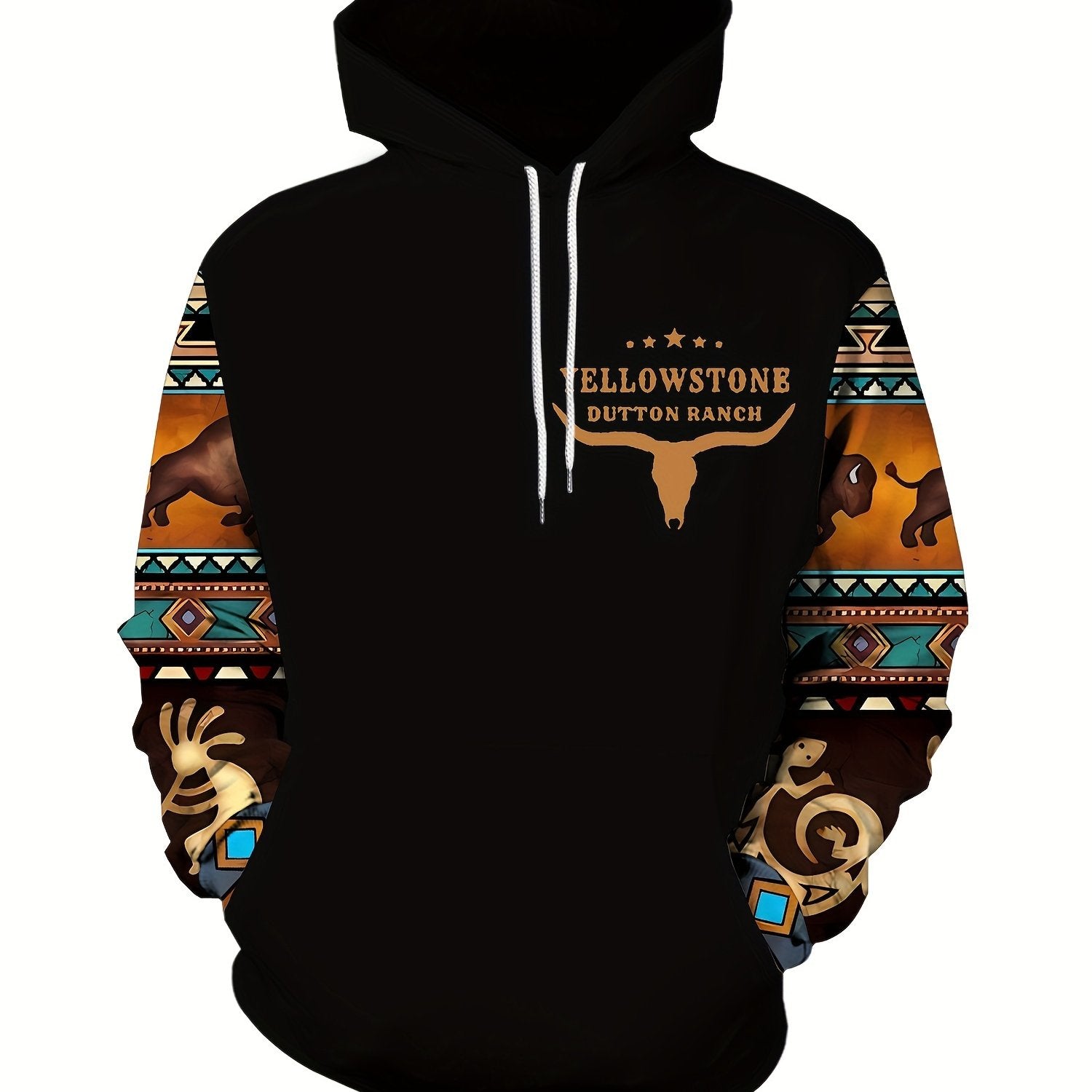 Plus Size Mens Fashion Hoodie with Bold Ethnic Prints & Intricate Bull Skull Design - Warm, Stylish Sweatshirt for Fall Winter - Comfortable Mens Apparel - Snug & Style
