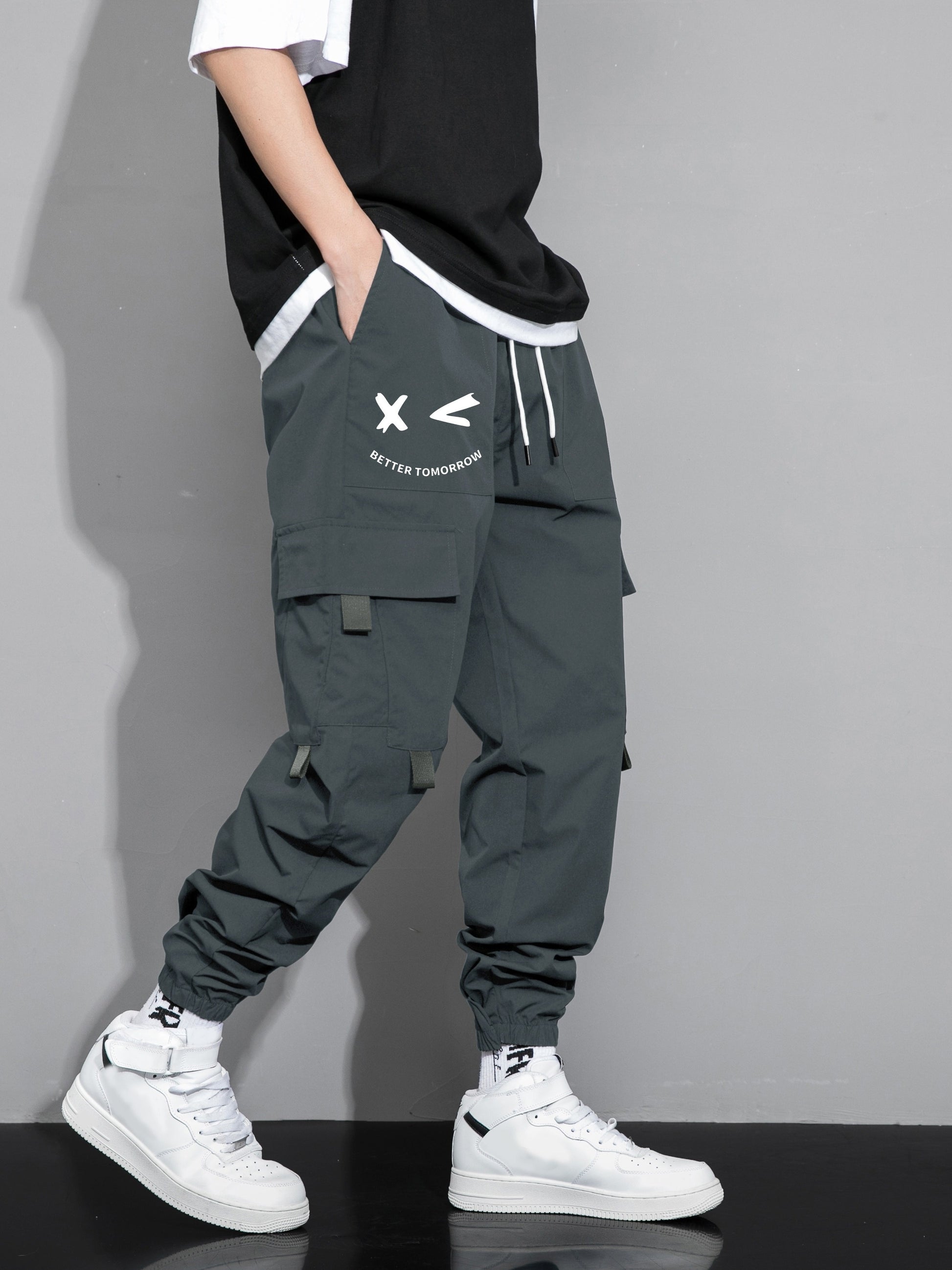 Mens Fashion-Forward Solid Cargo Pants - Abundant Flap Pockets, Loose Fit Drawstring Trousers - Durable Outdoor Work to Streetwear Hip Hop Style - Snug & Style