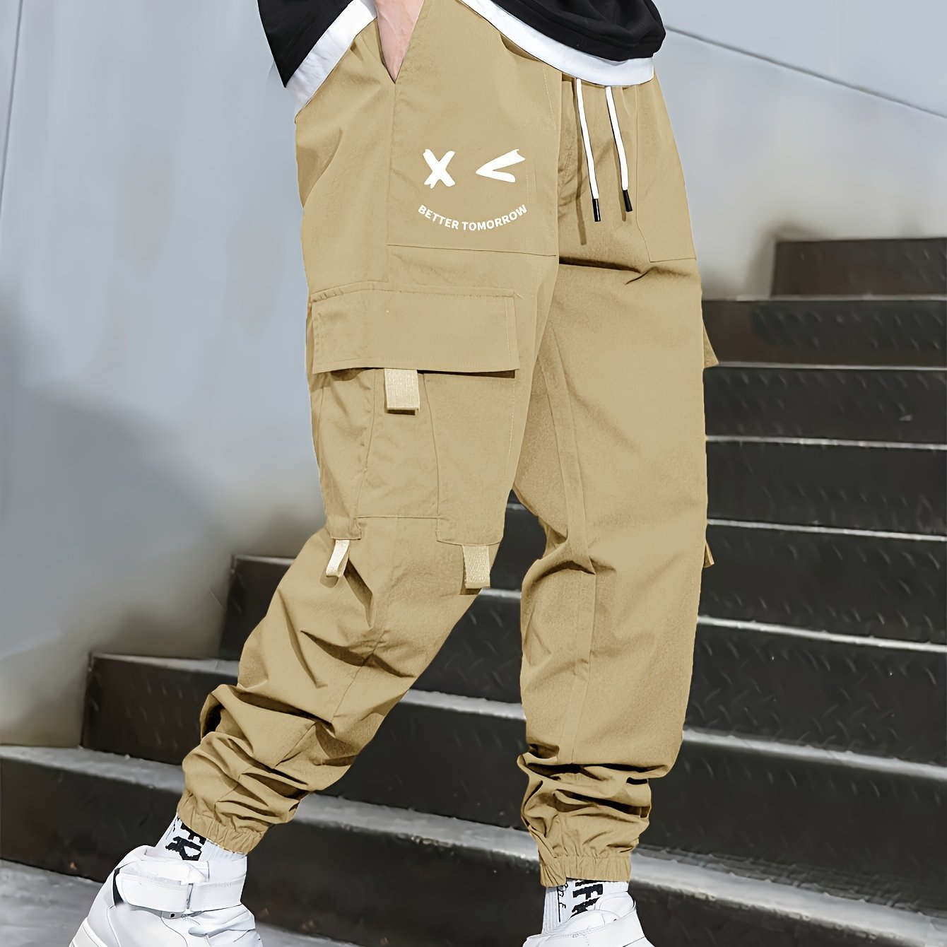 Mens Fashion-Forward Solid Cargo Pants - Abundant Flap Pockets, Loose Fit Drawstring Trousers - Durable Outdoor Work to Streetwear Hip Hop Style - Snug & Style