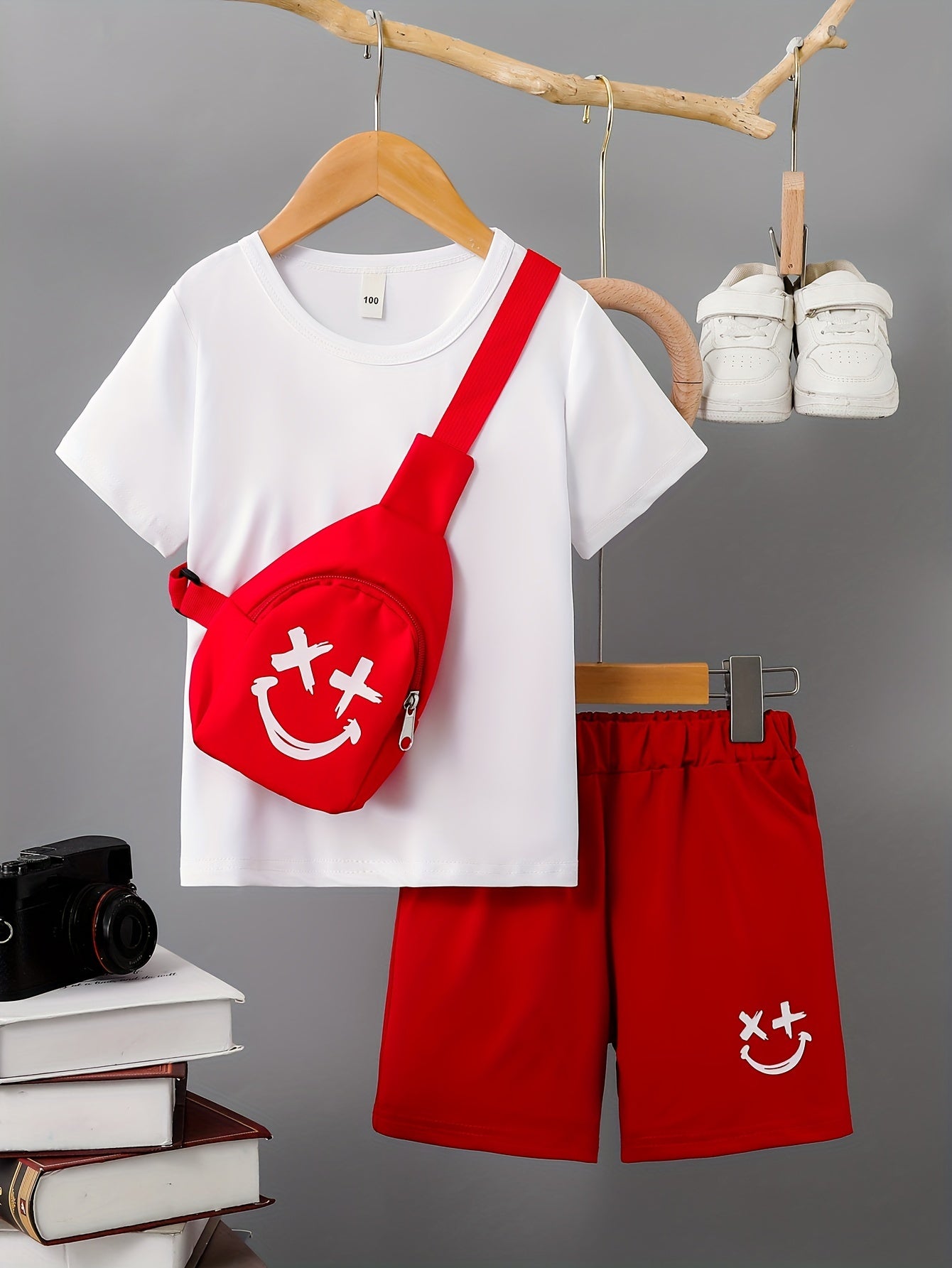 3-Pack Boys Trendy Summer Outfit - Soft Cotton Blend Solid T-shirts with Fun Smile Face Shorts & Handy Crossbody Bag - Comfortable, Lightweight, Perfect for Playtime - Snug & Style