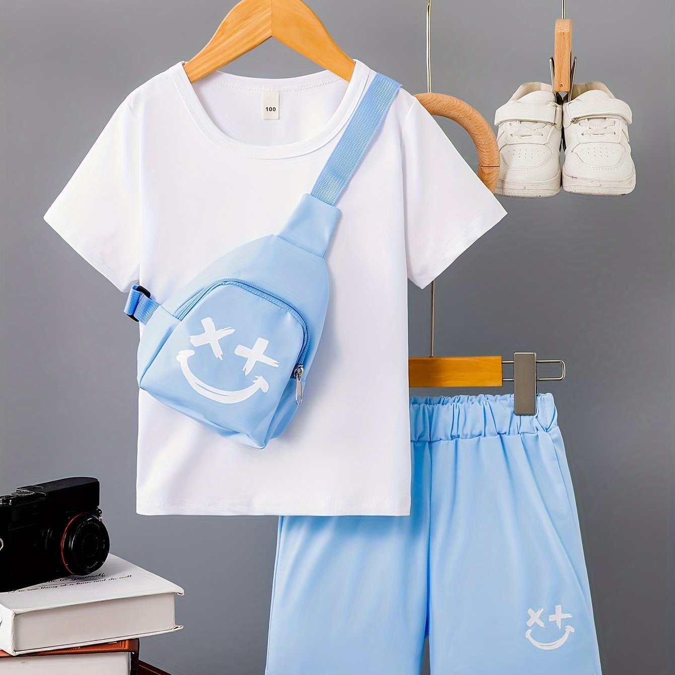 3-Pack Boys Trendy Summer Outfit - Soft Cotton Blend Solid T-shirts with Fun Smile Face Shorts & Handy Crossbody Bag - Comfortable, Lightweight, Perfect for Playtime - Snug & Style