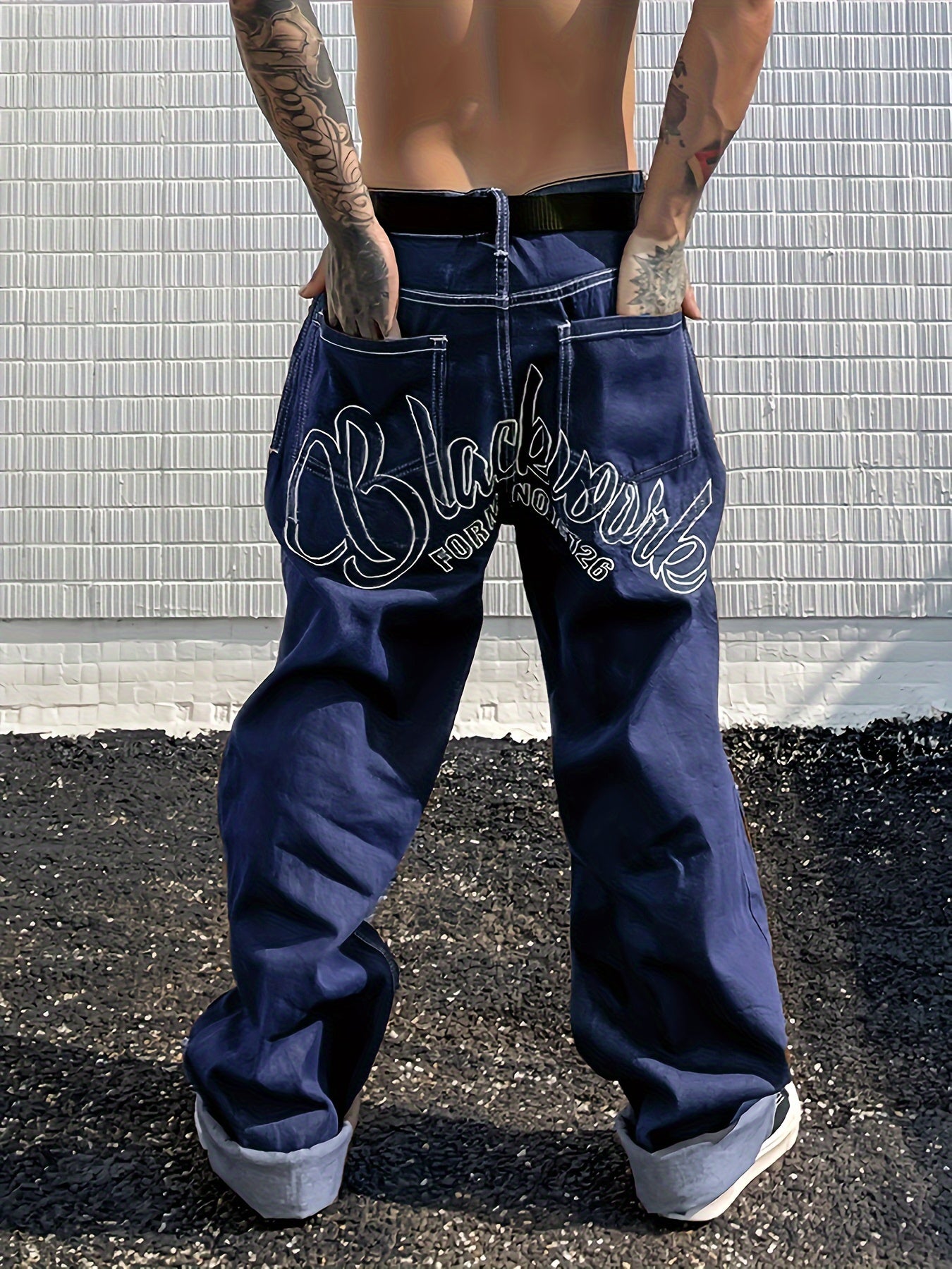 Y2k Letter Print Wide Leg Loose Fit Jeans, Men's Casual Slightly Stretch Street Style Multi Pocket Baggy Denim Pants For Spring Summer - Snug & Style