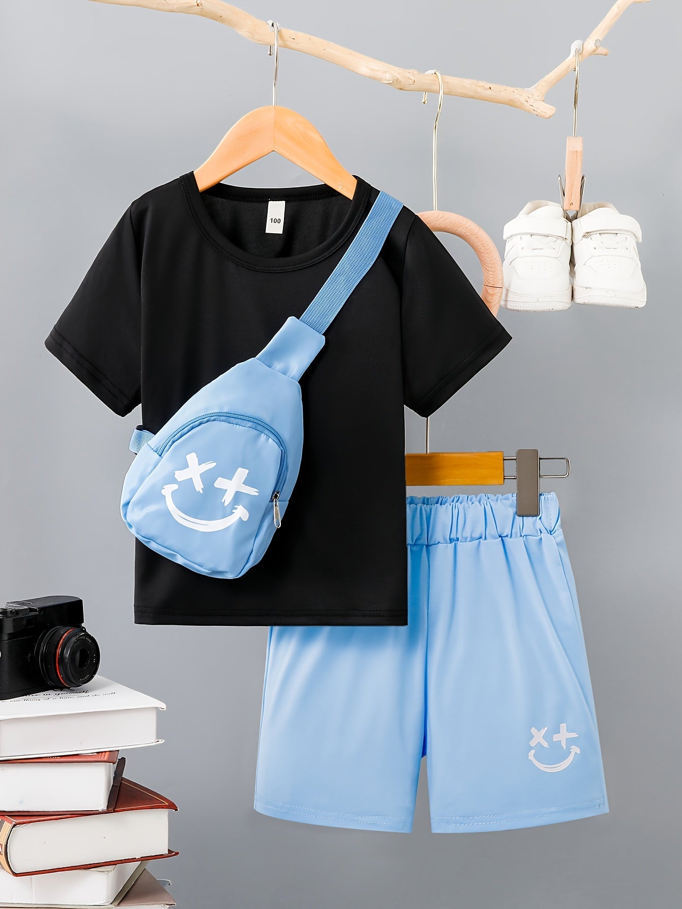 3-Pack Boys Trendy Summer Outfit - Soft Cotton Blend Solid T-shirts with Fun Smile Face Shorts & Handy Crossbody Bag - Comfortable, Lightweight, Perfect for Playtime - Snug & Style