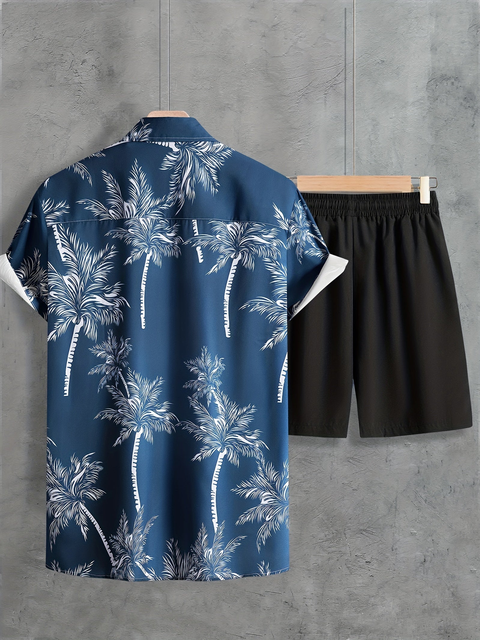 Coconut Tree Print, Men's 2Pcs Outfits, Casual Camp Collar Lapel Button Up Short Sleeve Shirts Hawaii Shirt And Drawstring Shorts Set For Summer, Men's Clothing - Snug & Style