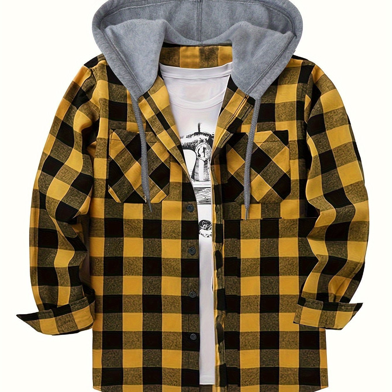 Long Sleeve Casual Regular Fit Button Up Hooded Shirts Jacket, Plaid Shirt Coat For Men - Snug & Style