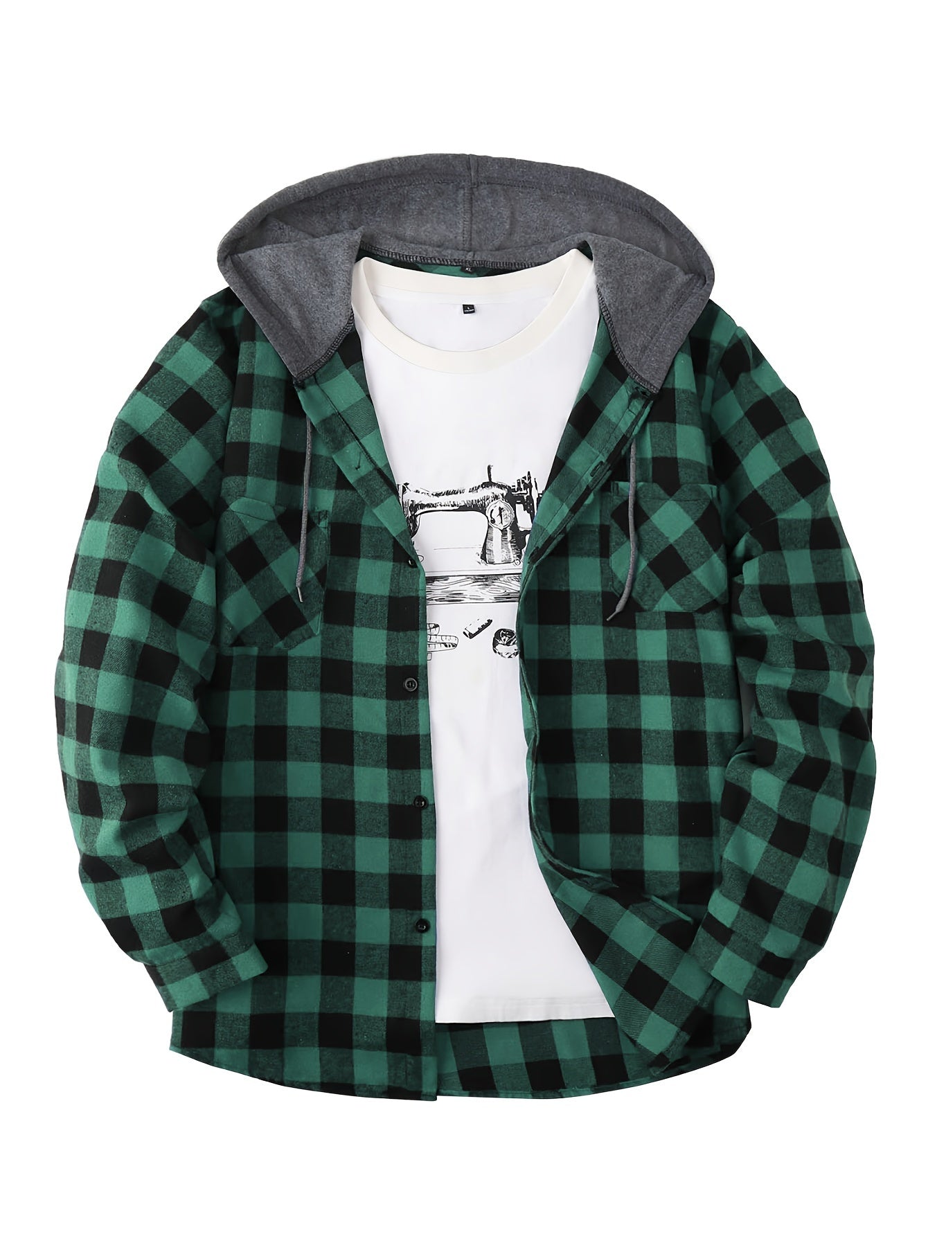 Long Sleeve Casual Regular Fit Button Up Hooded Shirts Jacket, Plaid Shirt Coat For Men - Snug & Style