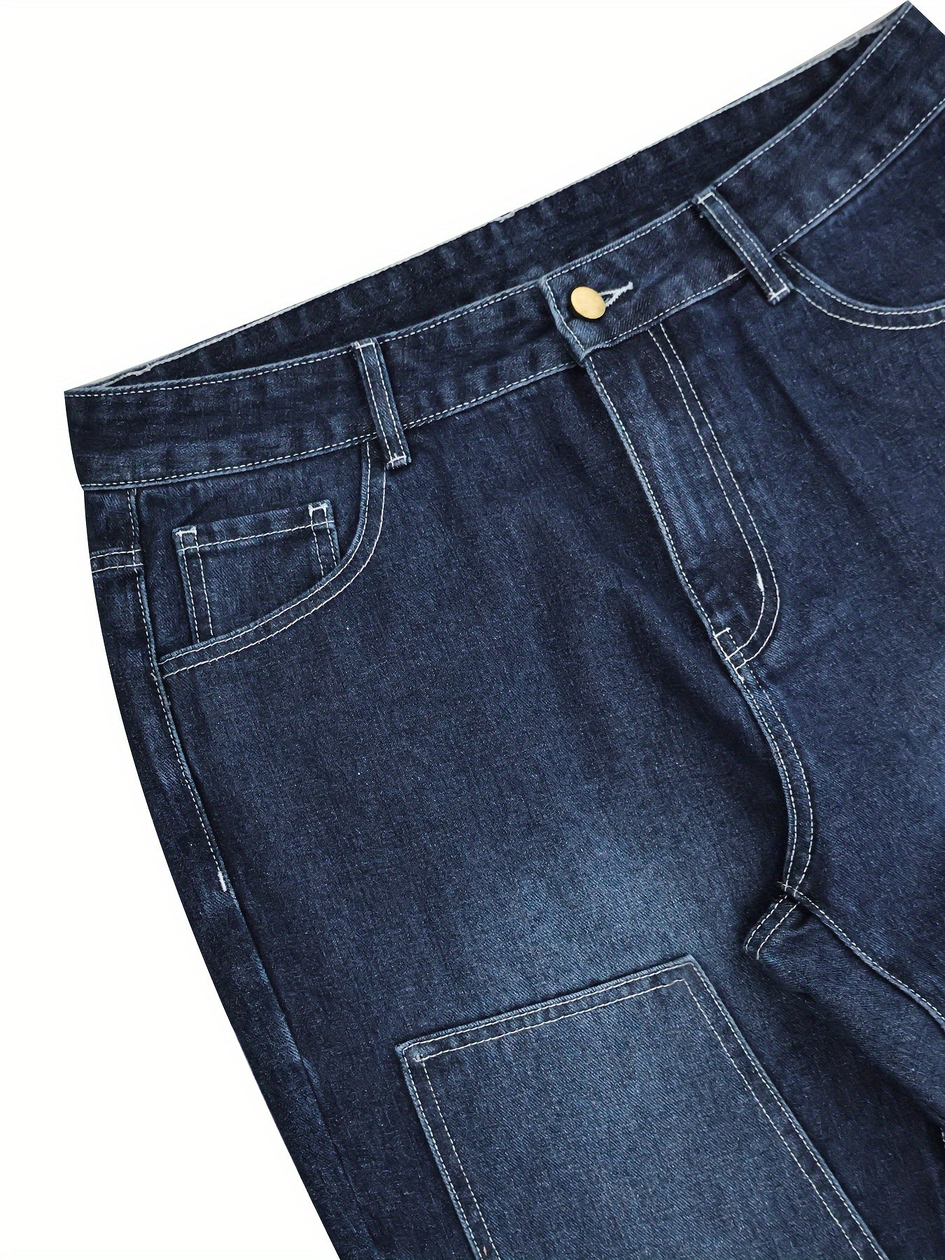 Y2k Letter Print Wide Leg Loose Fit Jeans, Men's Casual Slightly Stretch Street Style Multi Pocket Baggy Denim Pants For Spring Summer - Snug & Style